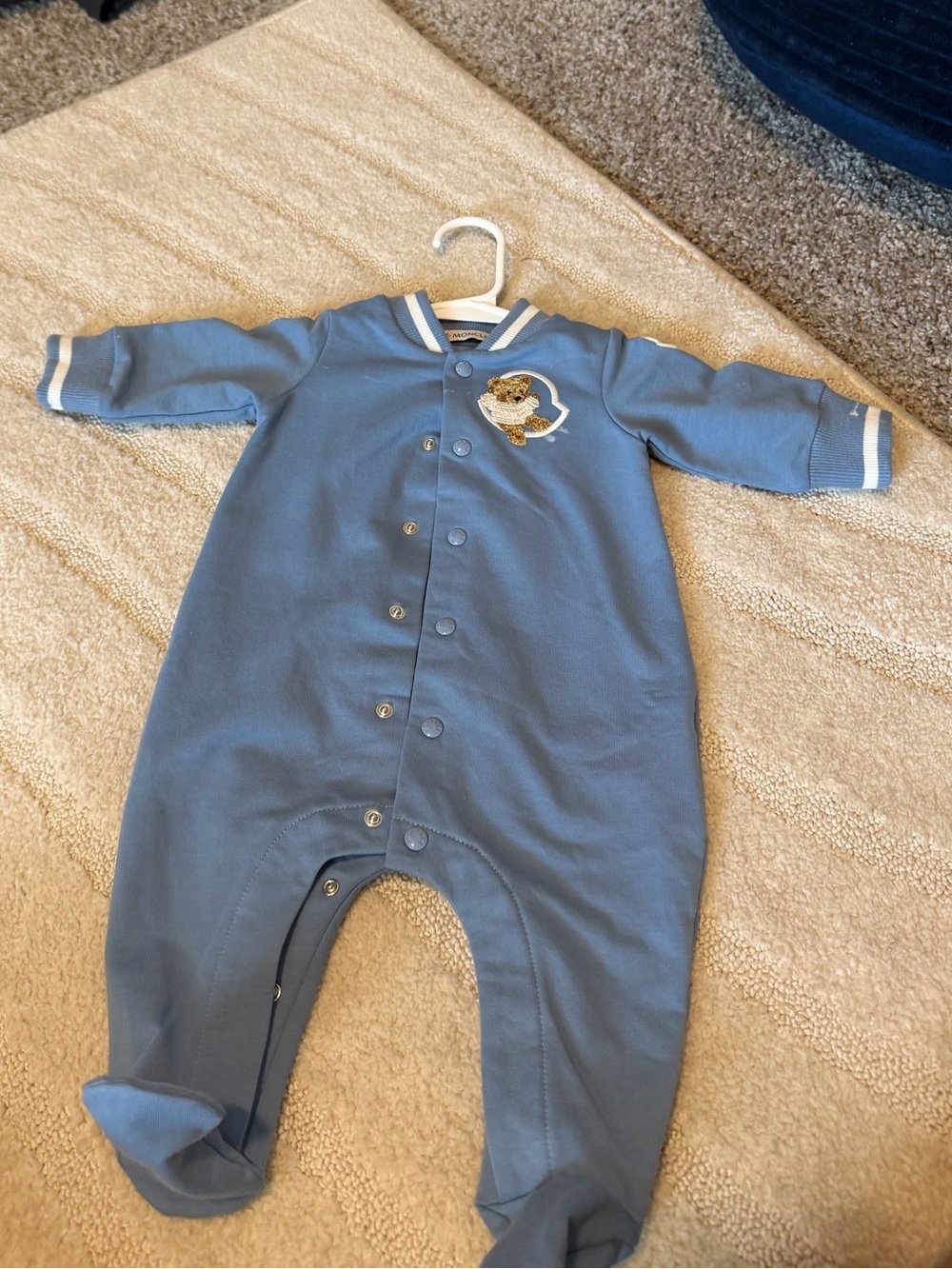 Moncler Blue Footed Baby One-Piece with Bear Patch